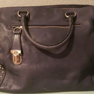 PopCorn Milano Navy Leather Bag w/ Top Handles, Removable Shoulder Strap